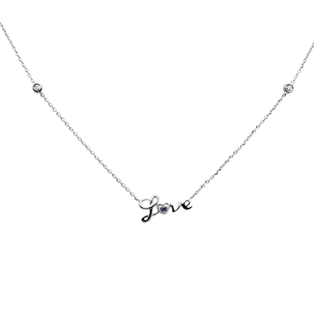 <span>DIAMOND CLOSEOUT! </span> .07ct G SI 14K White Gold Diamond & Blue Sapphire Gemstones "Love" Pendant Necklace 16+2" Ext Long