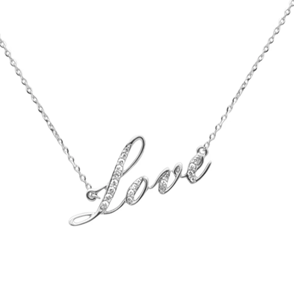 .08ct G SI 14K White Gold Diamond " Love" Pendant Necklace 14+2" Ext Long