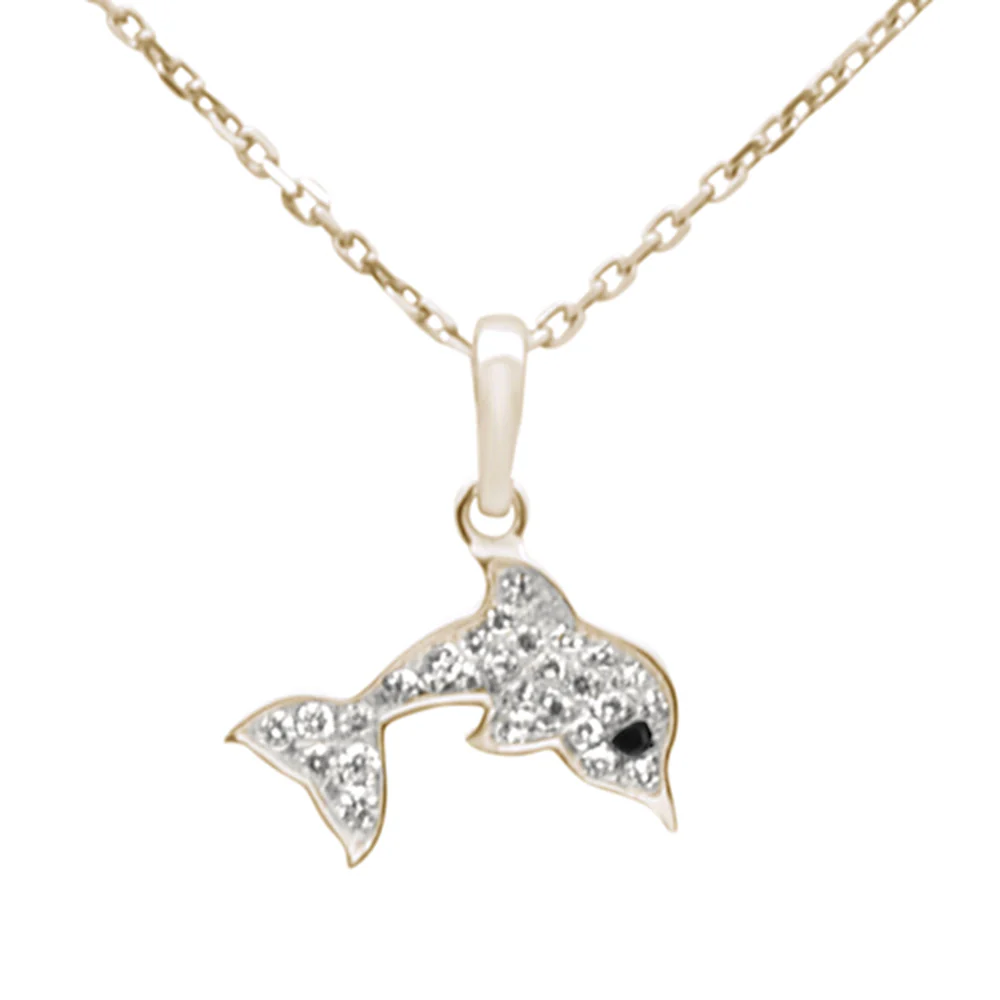 .11ct G SI 14K Yellow Gold Diamond Dolphin Pendant Necklace 18" Long