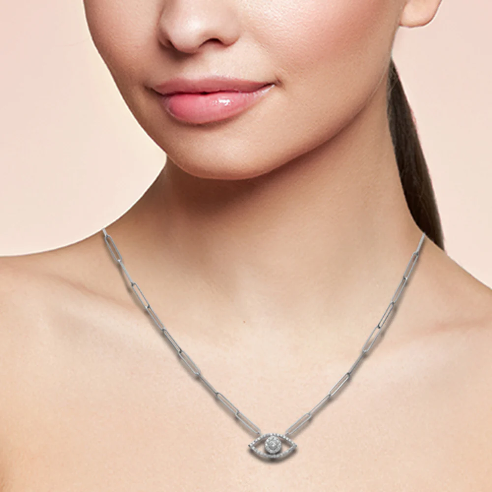 <span>DIAMOND CLOSEOUT! </span> .25ct G SI 14K White Gold Diamond Paper Clip Evil Eye Pendant Necklace 18" Long - Image 2