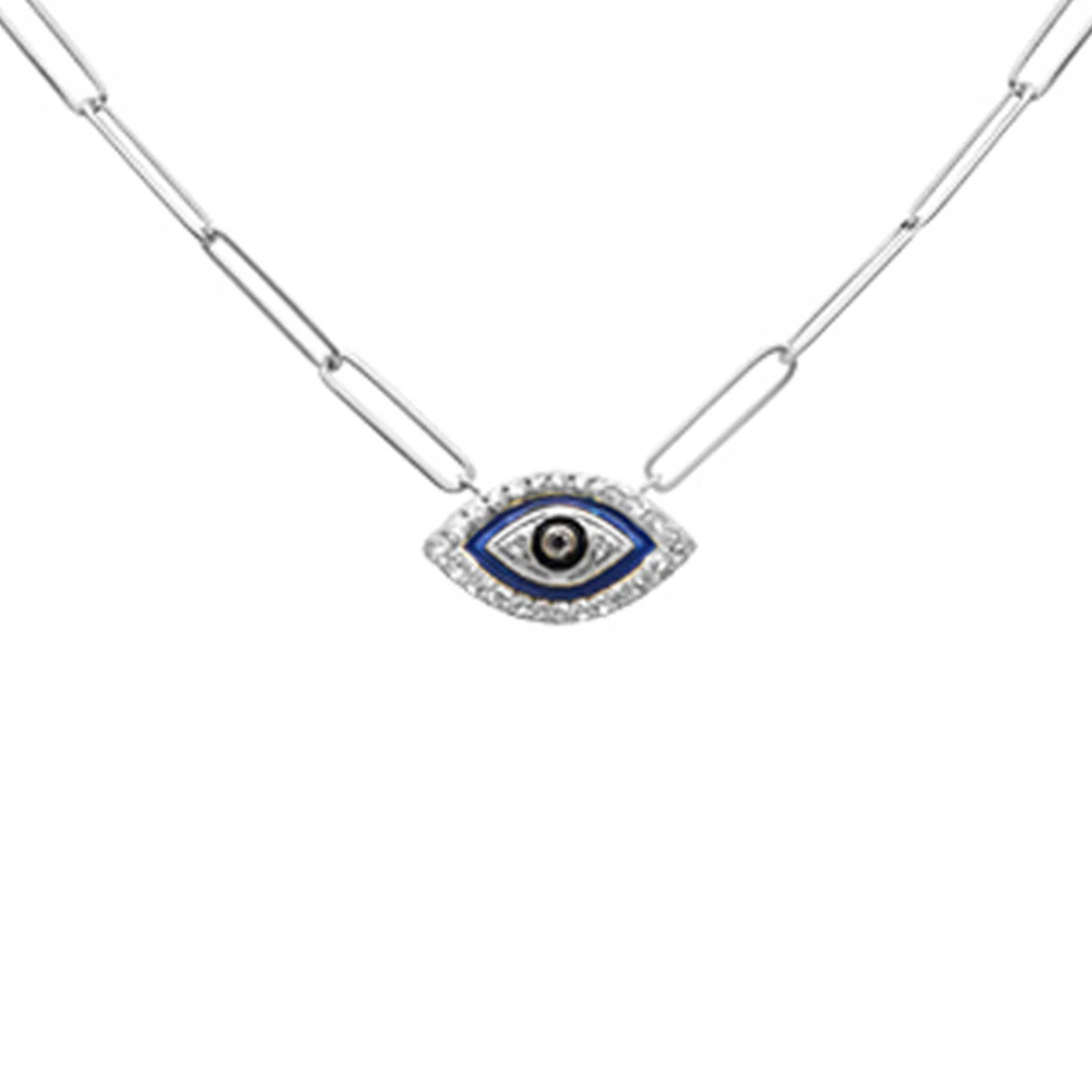 <span style="color:purple">SPECIAL!</span> .18ct G SI 14K White Gold Diamond Evil Eye Enamel Paper Clip Pendant Necklace 18" Long