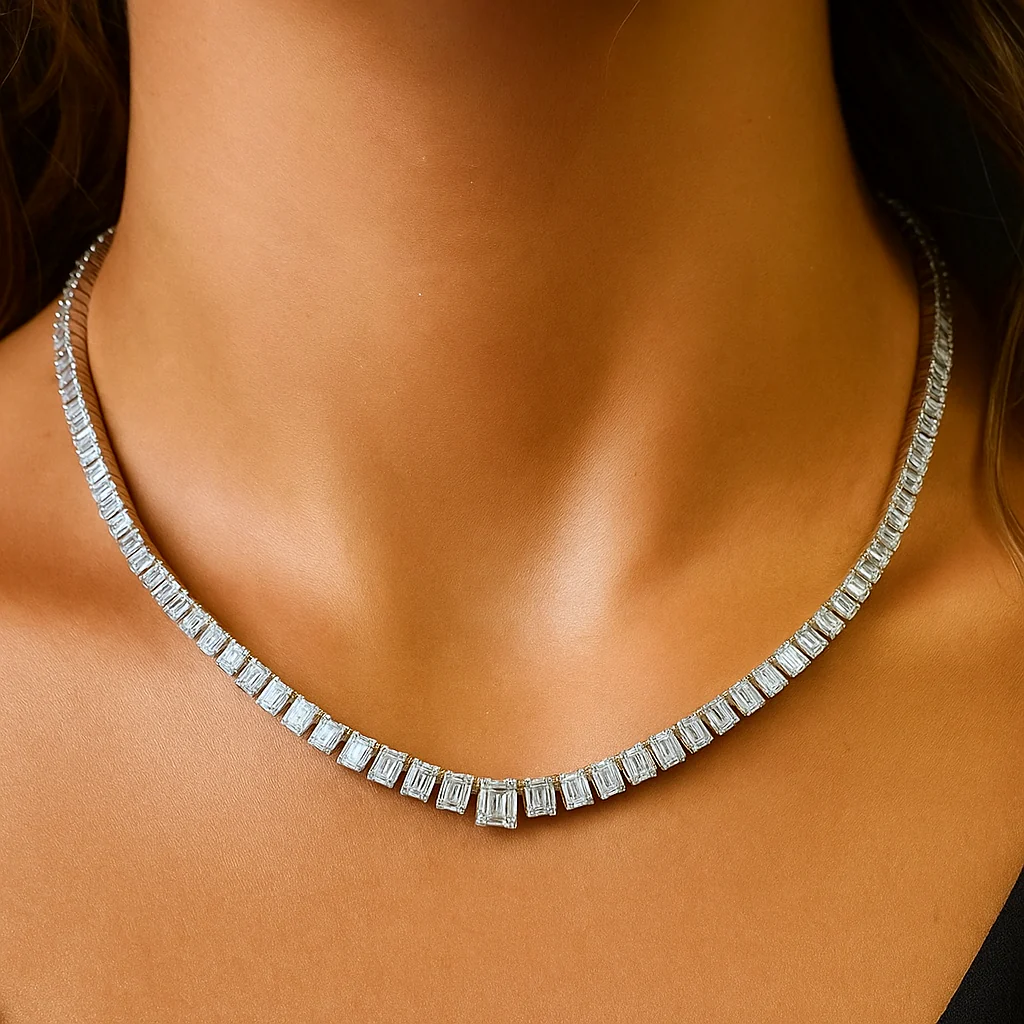 <span style="color:purple">SPECIAL!</span> 10.23ct G SI 14K White Gold Emerald Cut Diamond Graduated Tennis Necklace 16" Long - Image 2
