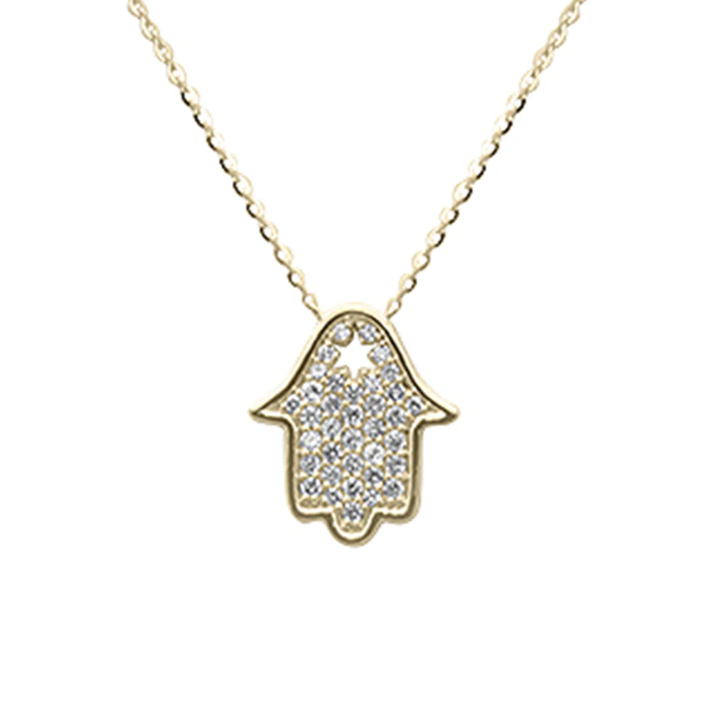 <span style="color:purple">SPECIAL!</span> .29ct G SI 14K Yellow Gold Diamond Hamsa Pendant Neckalace 16+2" Ext. Long