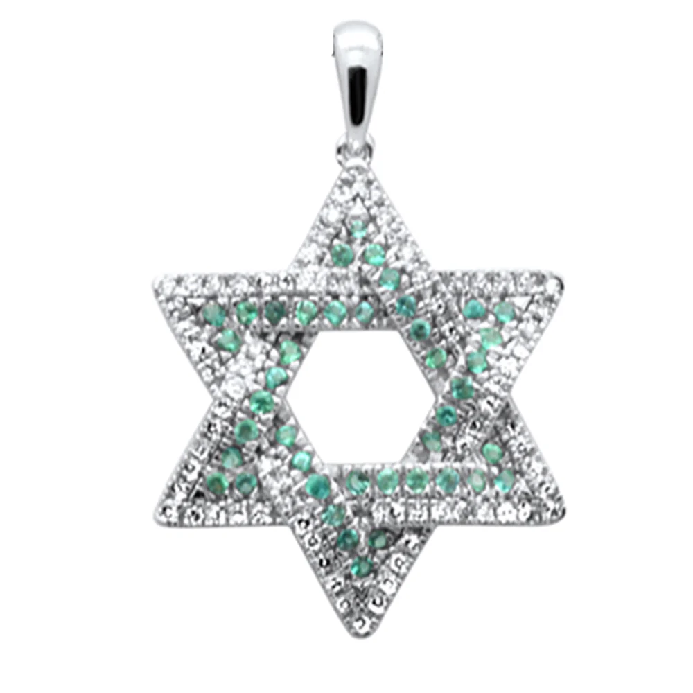 <span style="color:purple">SPECIAL!</span> .48ct G SI 14K White Gold Diamond & Emerald Gemstones Star of David Pendant No Chain