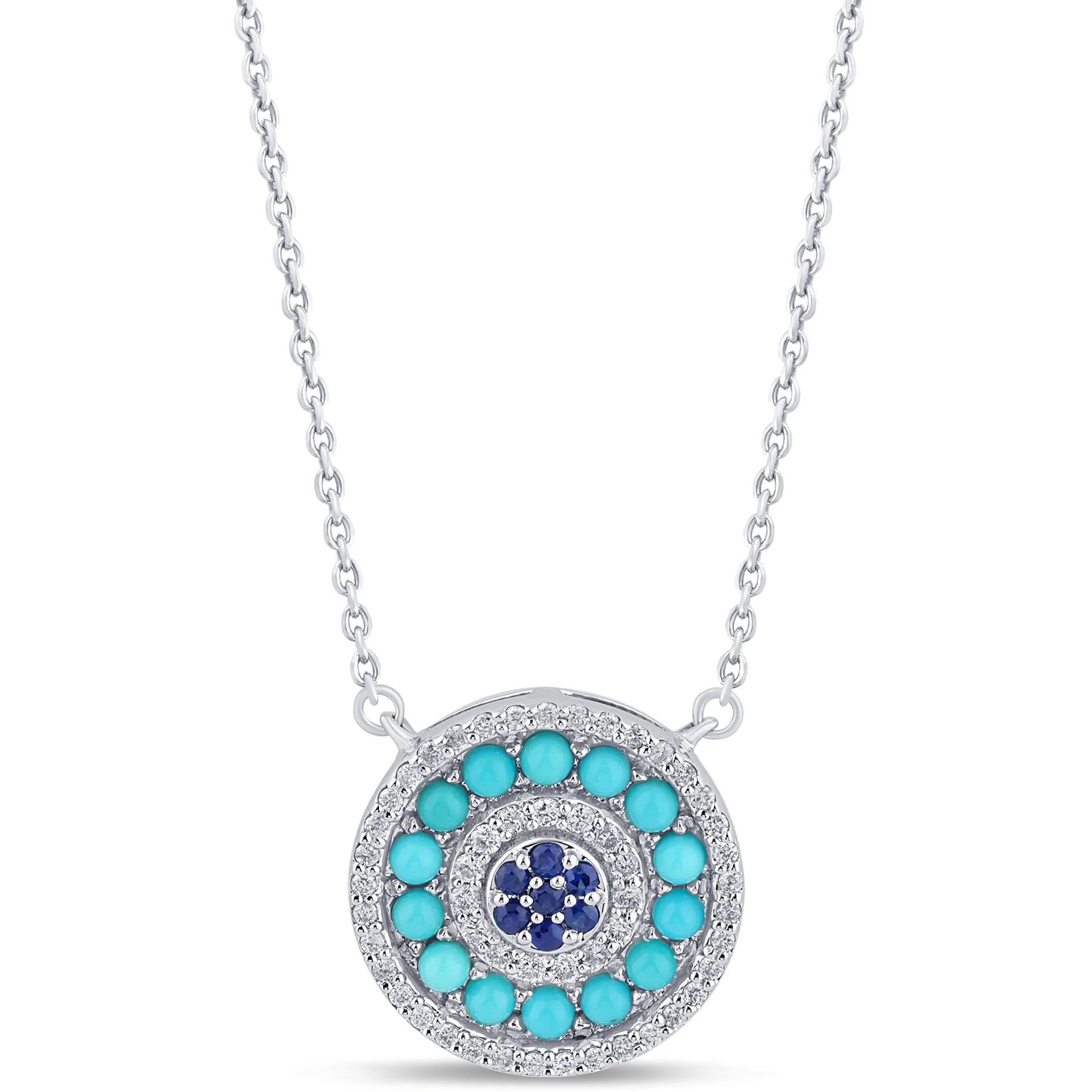 <span style="color:purple">SPECIAL!</span> 1.01ct G SI 14K White Gold Round Shape Halo Diamond, Blue Sapphire & Turquoise Pendant Necklace 18" Long Chain