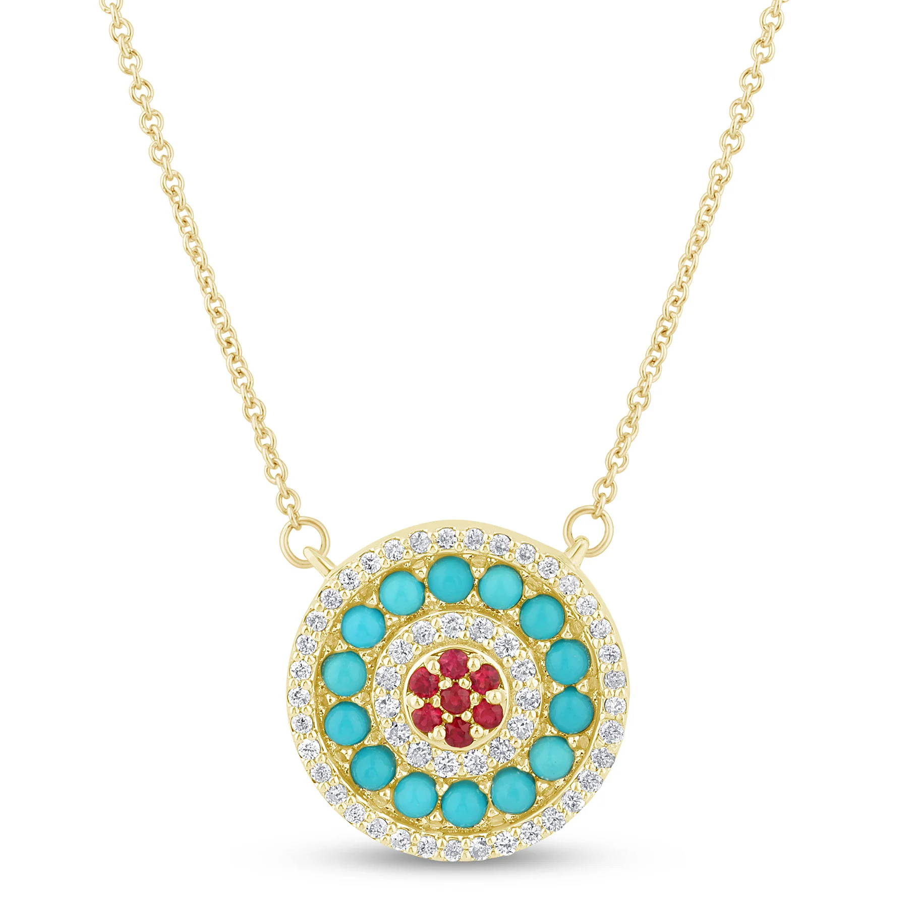 <span style="color:purple">SPECIAL!</span>.84ct G SI 14K Yellow Gold Halo Diamond, Ruby & Turquoise Pendant Necklace 18" Long Chain