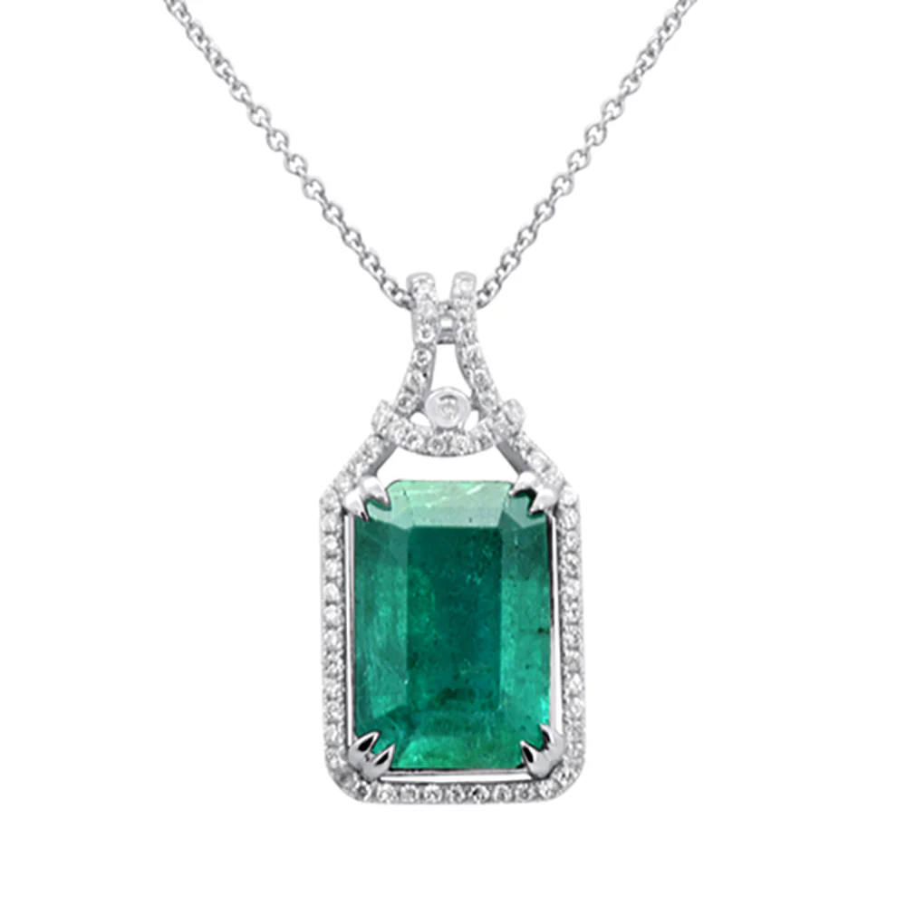 <span style="color:purple">SPECIAL!</span> 5.33ct G SI 14K White Gold Diamond & Natural Emerald Pendant Neckalace 16" Long Chain