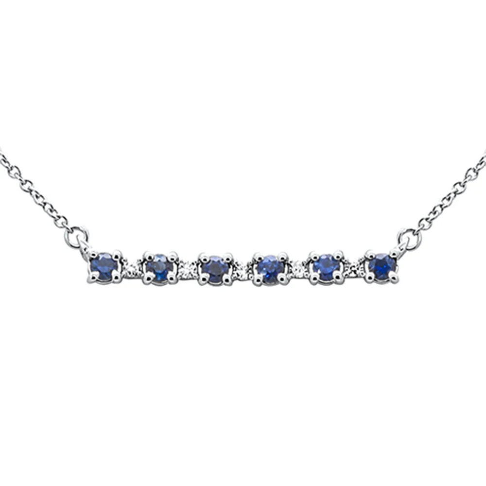 <span style="color:purple">SPECIAL!</span> .31ct G SI 14K White Gold Diamond & Blue Sapphire Gemstones Bar Pendant Necklace 18" Long Chain