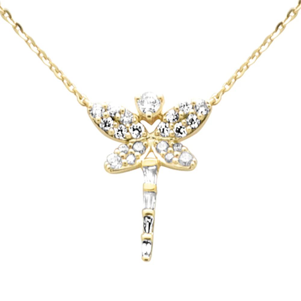 <span style="color:purple">SPECIAL!</span>.23ct G SI 14K Yellow Gold Diamond Round & Baguette Dragonfly Pendant Necklace 16+2" Ext