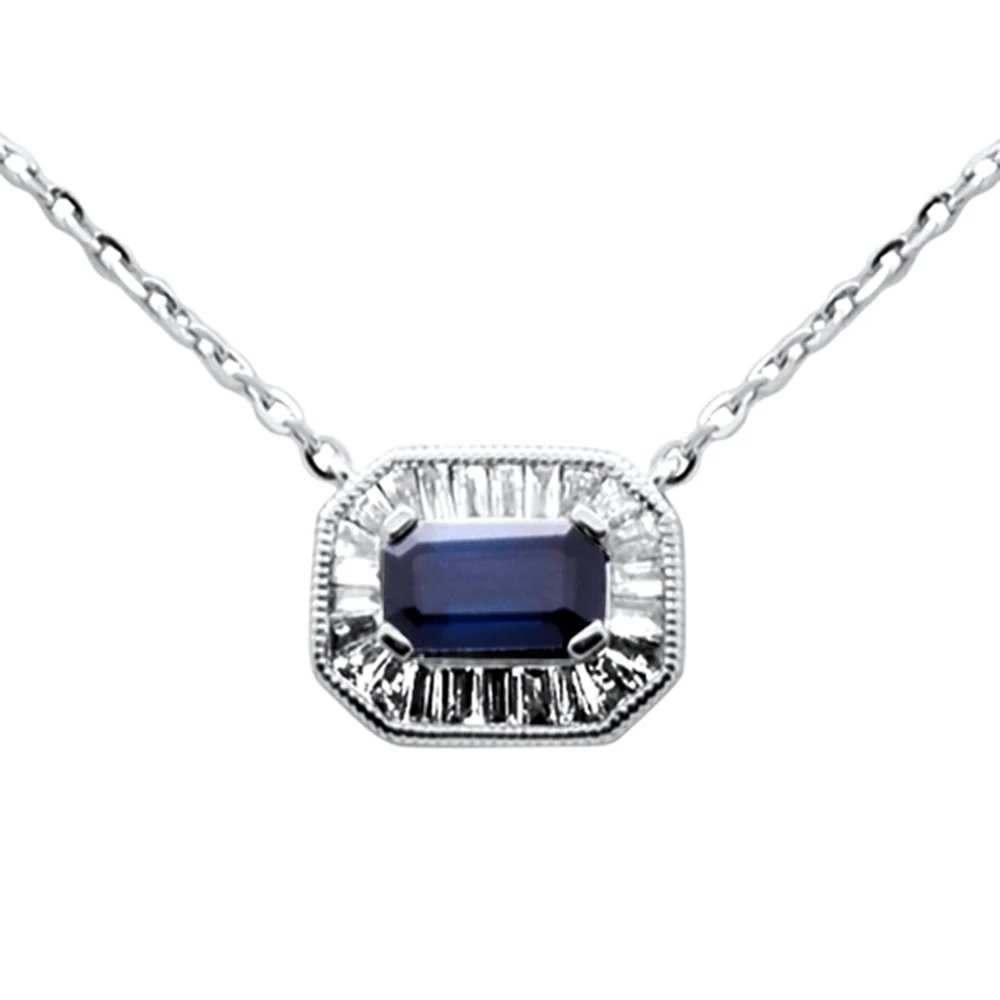 <span style="color:purple">SPECIAL!</span> .44ct G SI 14K White Gold Diamond & Blue Sapphire Gemstone Pendant Necklace 16+2" Ext