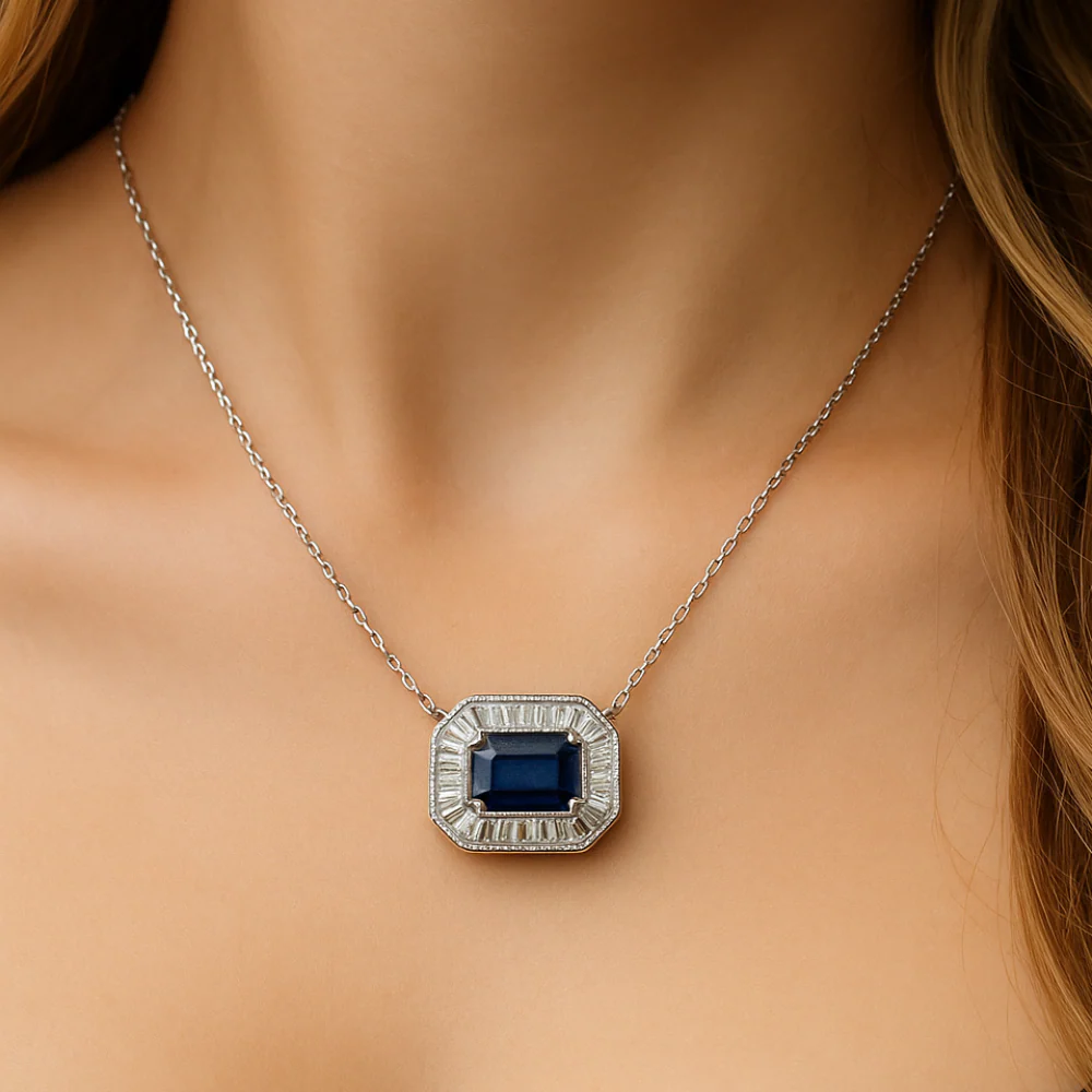 <span style="color:purple">SPECIAL!</span> .44ct G SI 14K White Gold Diamond & Blue Sapphire Gemstone Pendant Necklace 16+2" Ext - Image 3
