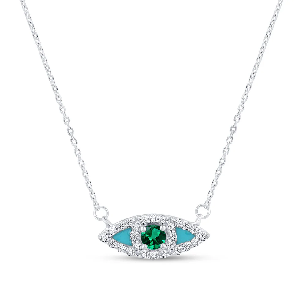 <span style="color:purple">SPECIAL!</span> .27ct G SI 14K White Gold Diamond & Emerald Gemstone with Blue Enamel Evil Eye Pendant Necklace 18" Long Chain