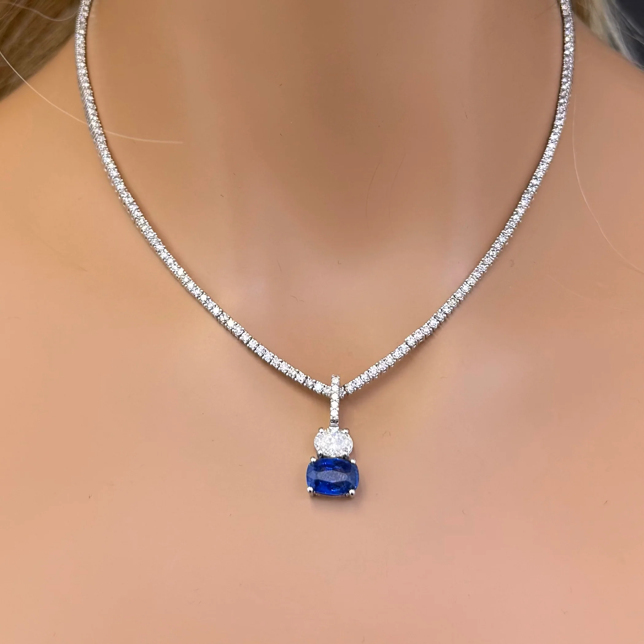 <span style="color:purple">SPECIAL!</span> 4.06ct G SI 14K White Gold Diamond Oval Shape & Blue Sapphire Gemstone Pendant  No Chain - Image 2