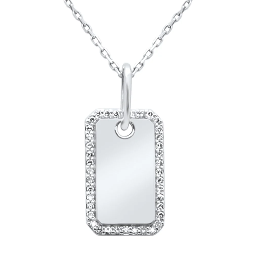 <span style="color:purple">SPECIAL!</span> .16ct G SI 14K White Gold Diamond Name Tag Pendant Necklace 18" Long