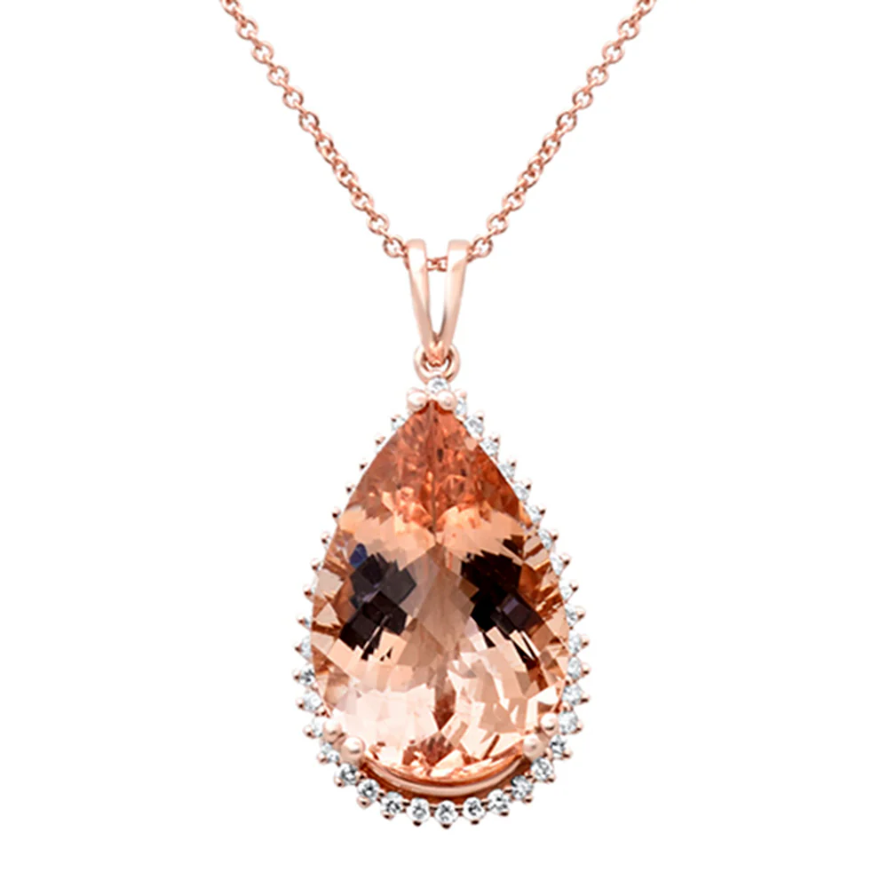 <span style="color:purple">SPECIAL!</span> 8.58ct G SI 14K Rose Gold Diamond & Pear Shape Morganite Gemstone Pendant Necklace 16" Long