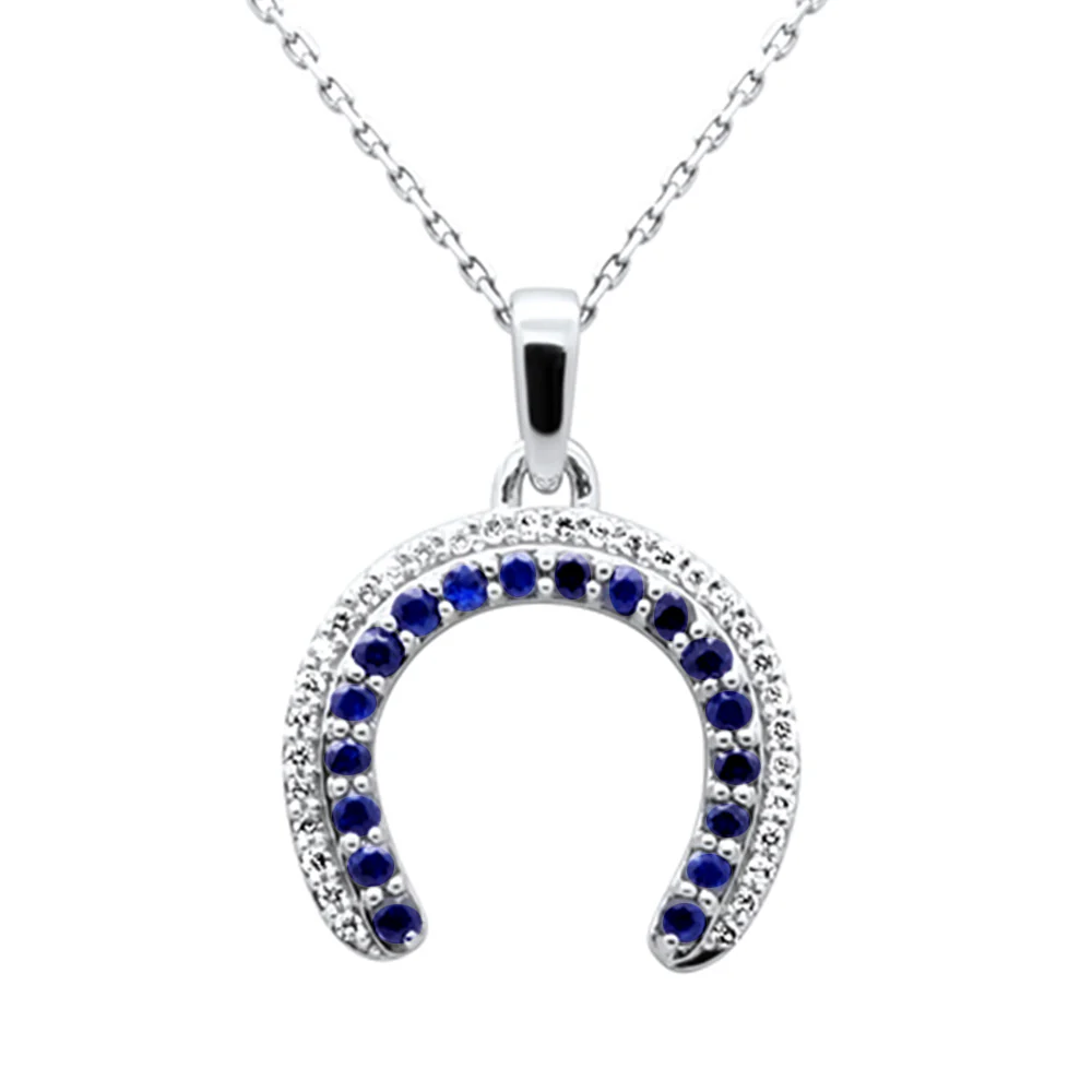 <span style="color:purple">SPECIAL!</span>.65ct G SI 14K White Gold Diamond & Blue Sapphire Gemstone Horse shoe Pendant 18" Chain