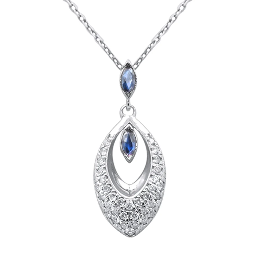 <span style="color:purple">SPECIAL!</span>.42ct G SI 14K White Gold Diamond & Blue Sapphire Gemstone Pendant Necklace 18" Chain