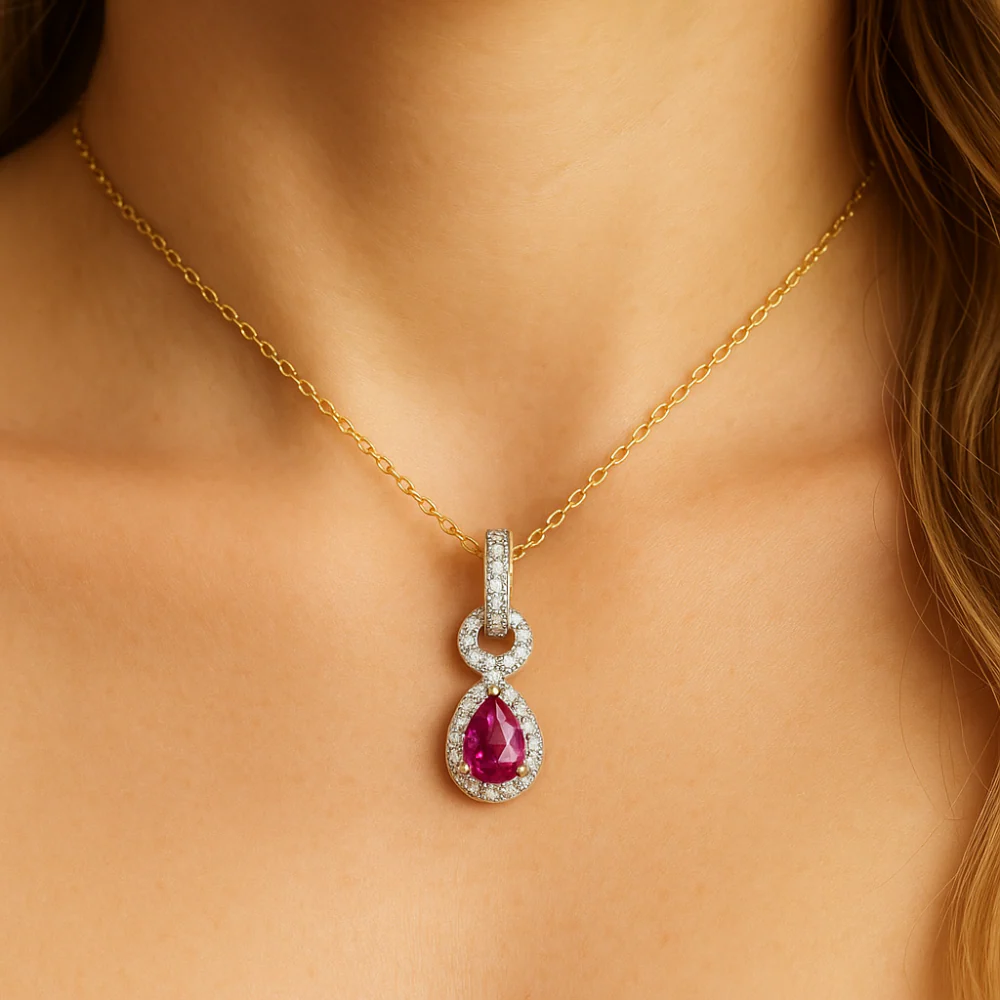 <span style="color:purple">SPECIAL!</span>.70ct G SI 14K Yellow Gold Diamond & Ruby Gemstone Pendant Necklace 18" Chain - Image 2