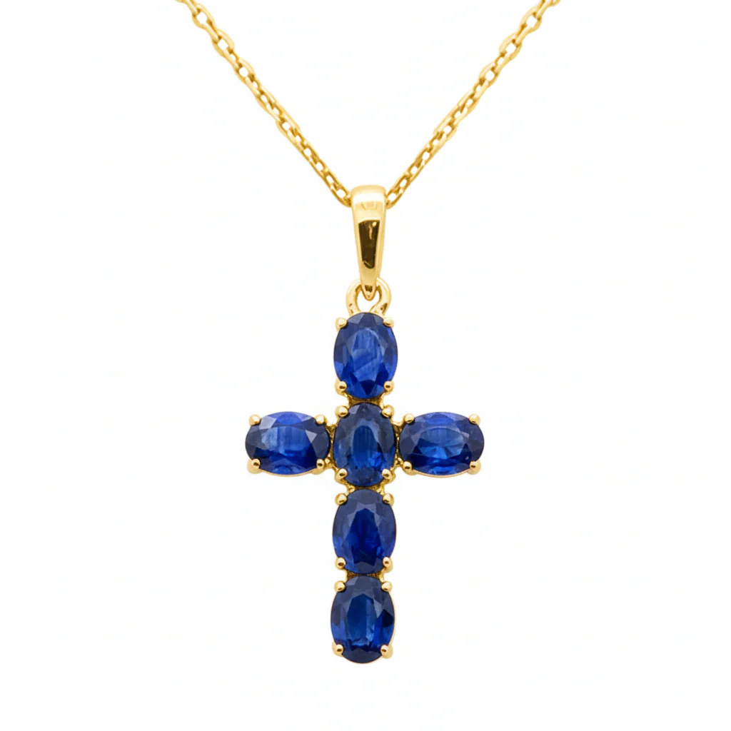 <span style="color:purple">SPECIAL!</span> 1.34ct G SI 14K Yellow Gold Blue Sapphire Gemstone Cross Pendant Necklace 18" Chain