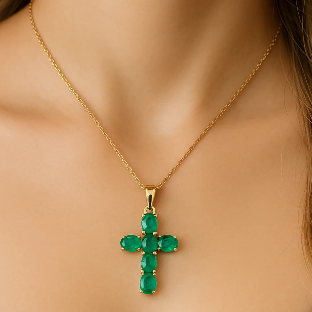 <span style="color:purple">SPECIAL!</span> 1.00ct G SI 14K Yellow Gold Emerald Gemstone Cross Pendant Necklace 18" Chain - Image 2