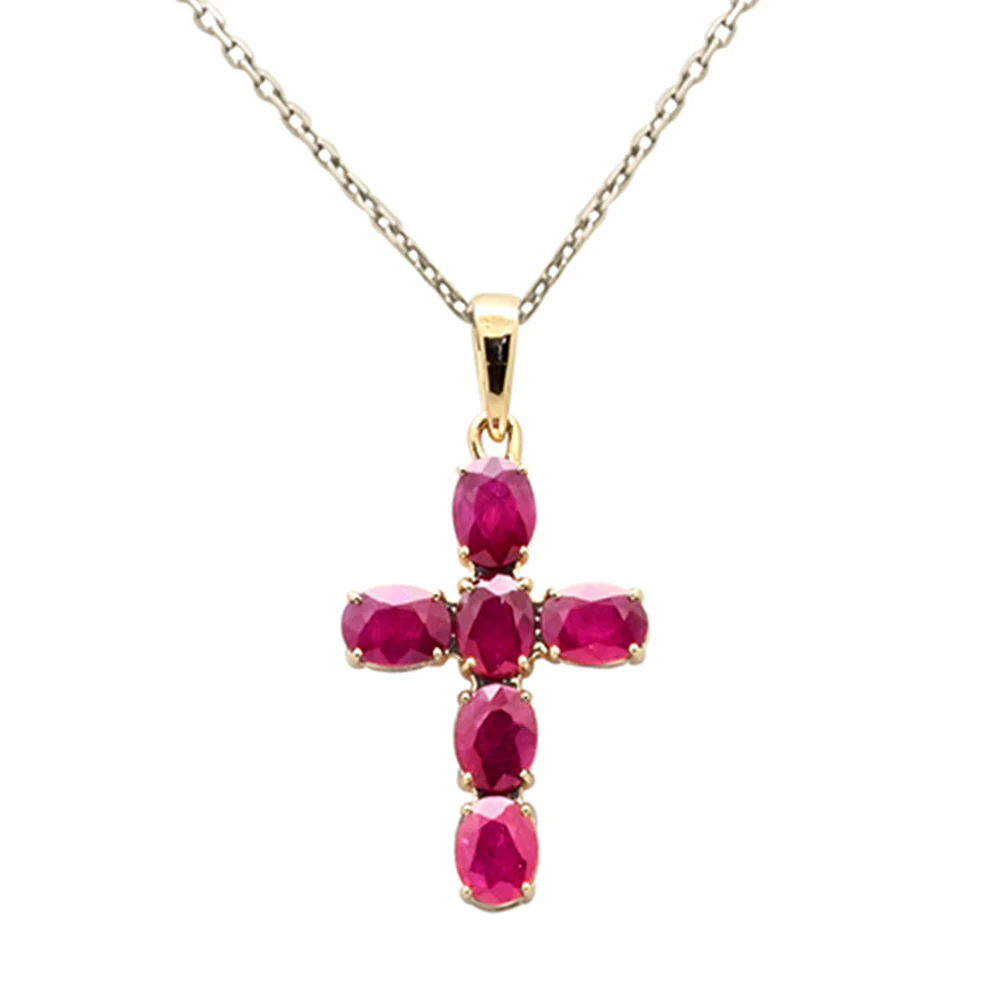 <span style="color:purple">SPECIAL!</span>1.22ct G SI 14K Yellow Gold Ruby Gemstone Cross Pendant Necklace 18" Chain