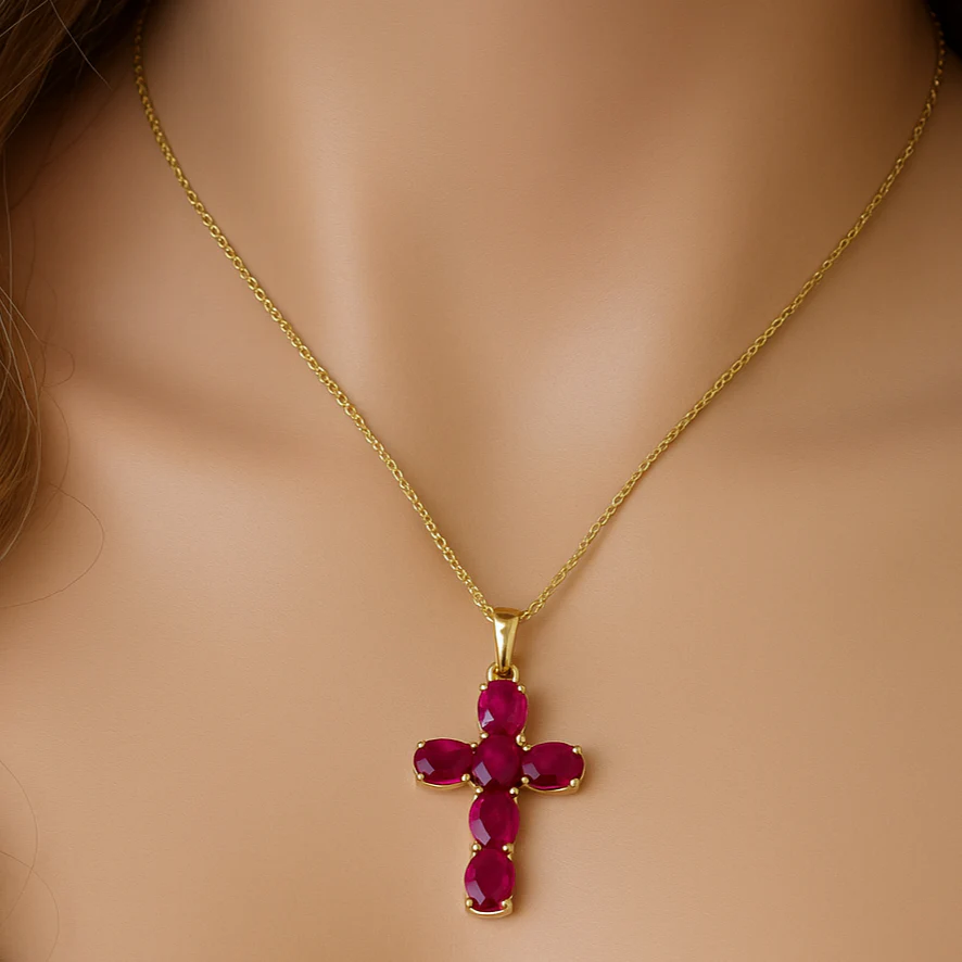 <span style="color:purple">SPECIAL!</span>1.22ct G SI 14K Yellow Gold Ruby Gemstone Cross Pendant Necklace 18" Chain - Image 3