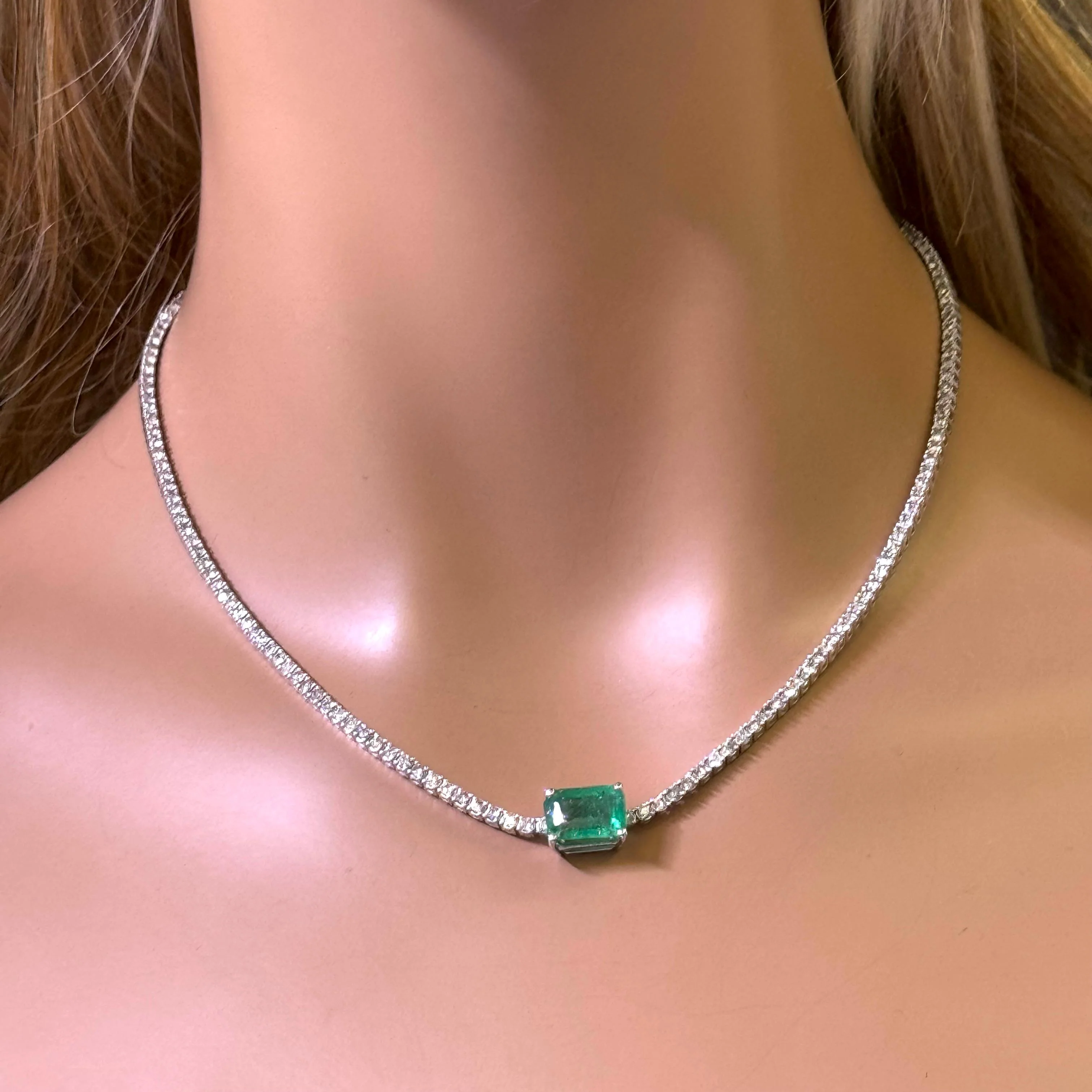 <span style="color:purple">SPECIAL!</span>12.47ct G SI 14K White Gold Diamond & Emerald Gemstone Tennis Necklace 16" Long - Image 2