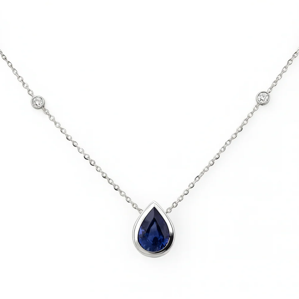 <span style="color:purple">SPECIAL!</span>.93ct G SI 14K White Gold Diamond & Blue Sapphire Gemstone Pendant 18" Long