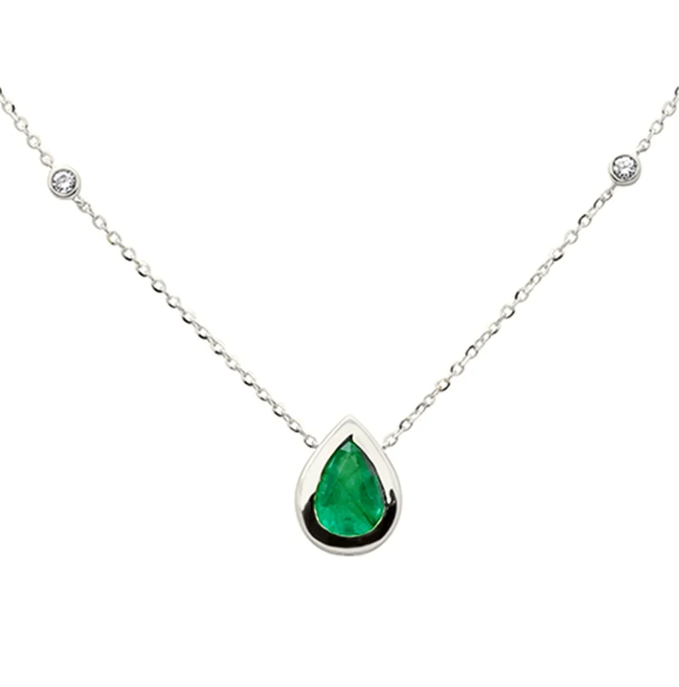 <span style="color:purple">SPECIAL!</span>.79ct G SI 14K White Gold Diamond & Emerald Gemstone Pendant 18" Long