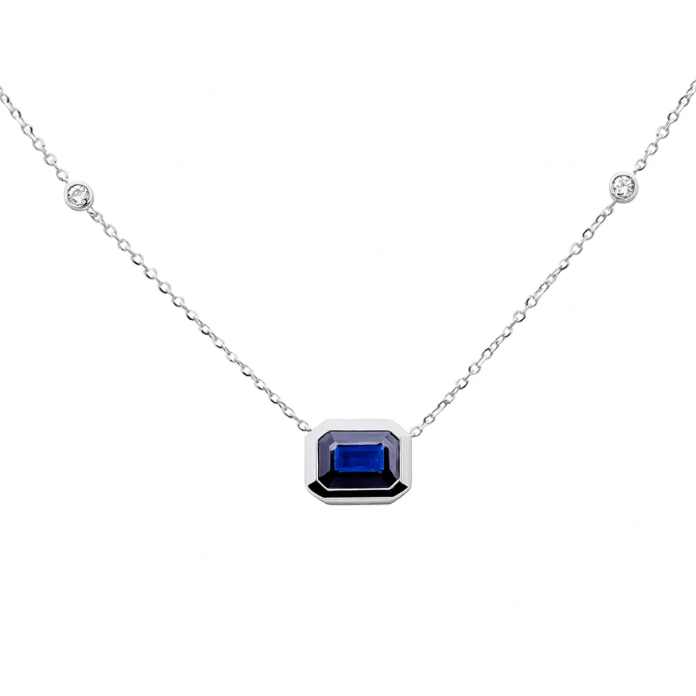 <span style="color:purple">SPECIAL!</span>1.19ct G SI 14K White Gold Diamond & Blue Sapphire Gemstone Pendant 18" Long
