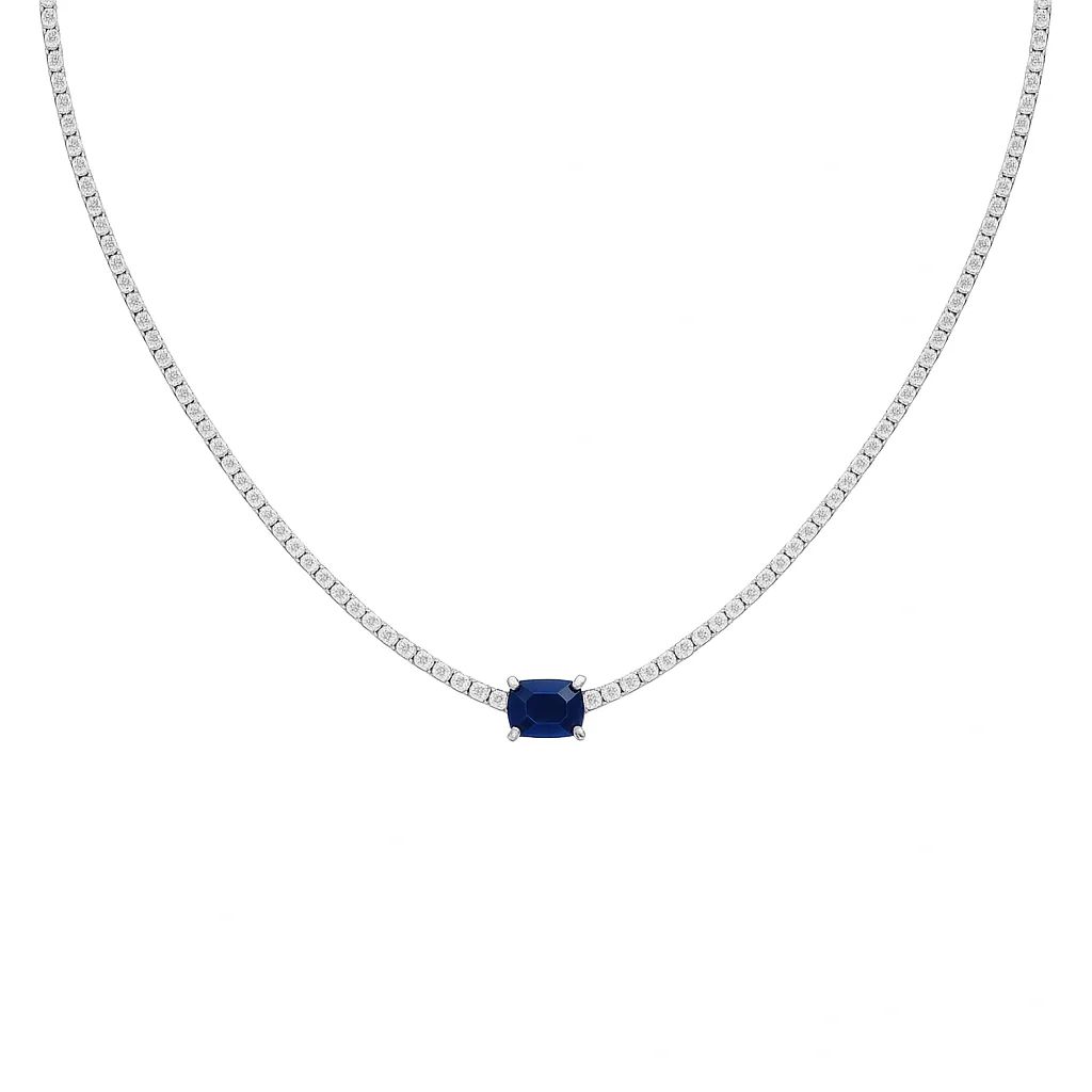 <span style="color:purple">SPECIAL!</span>2.66ct G SI 14K White Gold Diamond & Blue Sapphire Double Eagle Prongs Set Tennis Necklace 16" Long