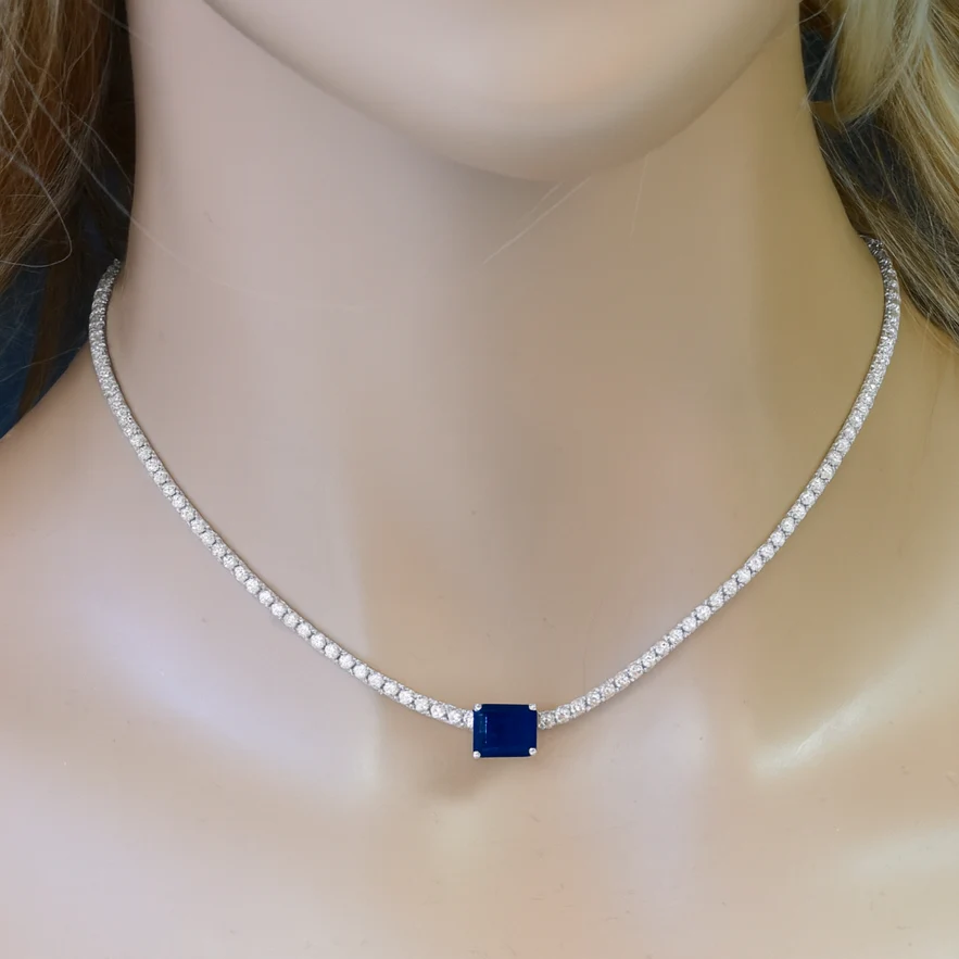 <span style="color:purple">SPECIAL!</span>2.66ct G SI 14K White Gold Diamond & Blue Sapphire Double Eagle Prongs Set Tennis Necklace 16" Long - Image 2