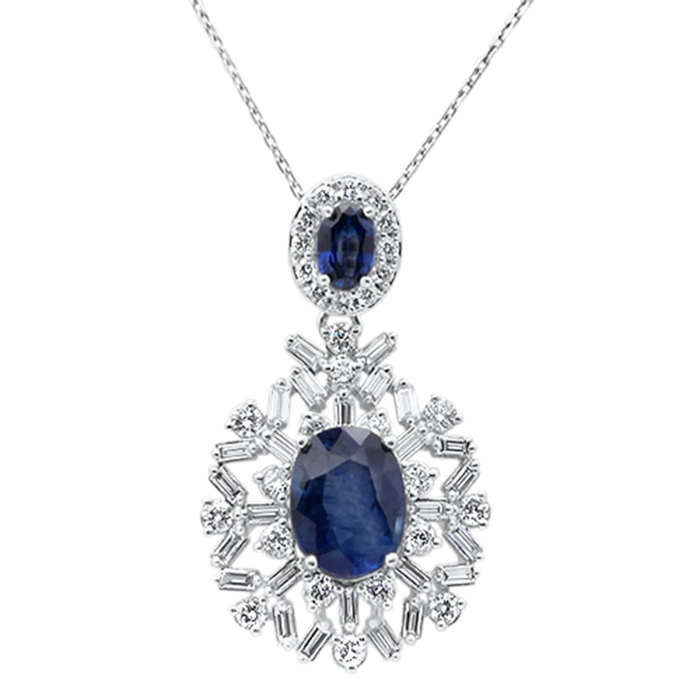 <span style="color:purple">SPECIAL!</span> 6.34ct G SI 14K White Gold Blue Sapphire Gemstone & Diamond Pendant No Chain