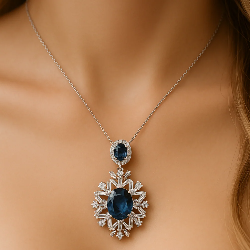 <span style="color:purple">SPECIAL!</span> 6.34ct G SI 14K White Gold Blue Sapphire Gemstone & Diamond Pendant No Chain - Image 2