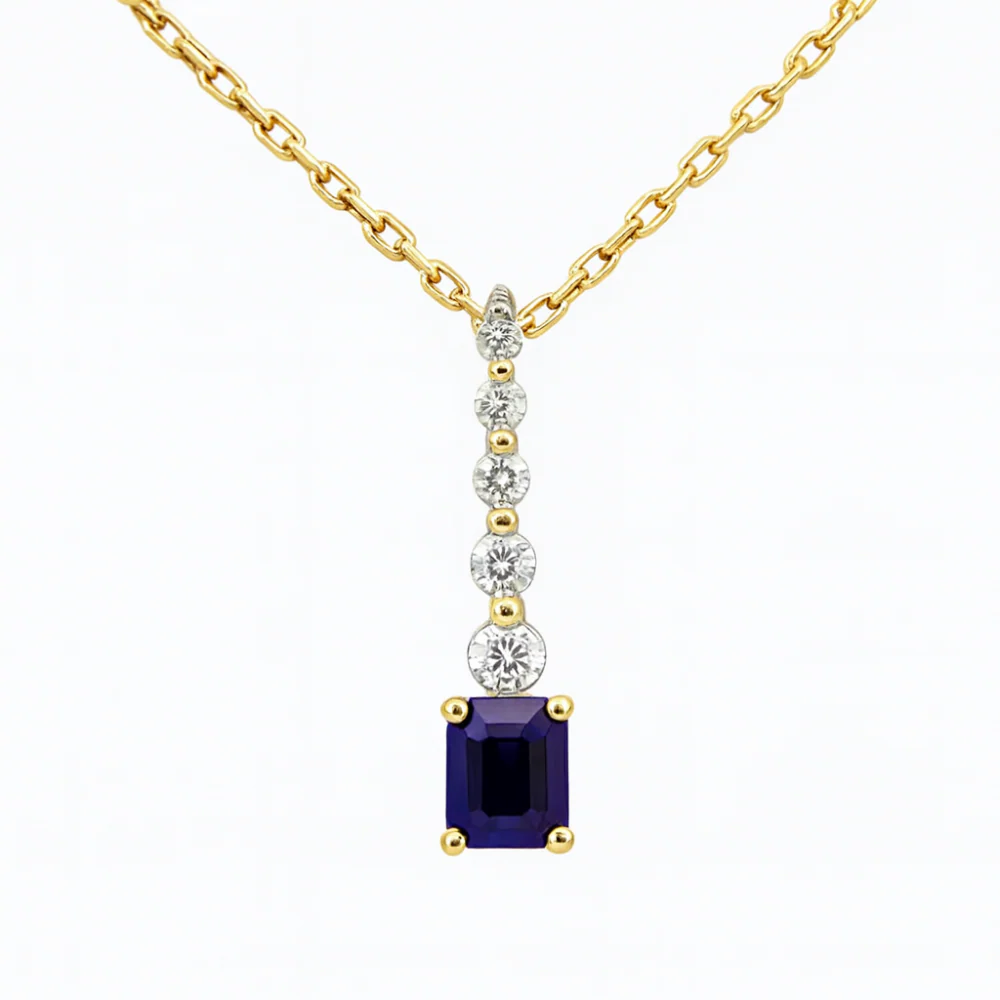 .30ct G SI 14K Yellow Gold Diamond & Blue Sapphire Gemstone Drop Dangle Pendant 18" Long
