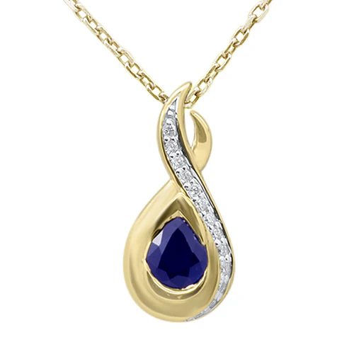 <span style="color:purple">SPECIAL!</span> .45ct G SI 14K Yellow Gold Diamond & Blue Sapphire Gemstone Teardrop Pendant 18" Long