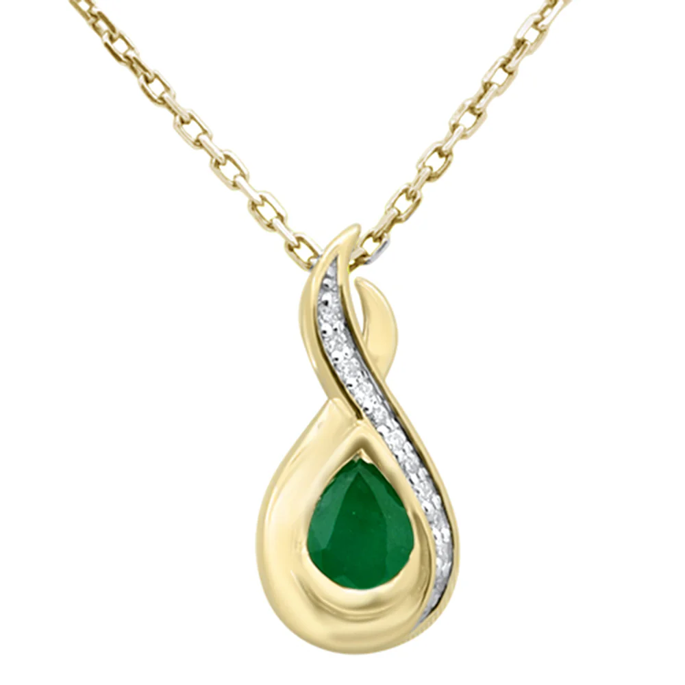 <span style="color:purple">SPECIAL!</span> .30ct G SI 14K Yellow Gold Diamond & Emerald Gemstone Teardrop Pendant 18" Long