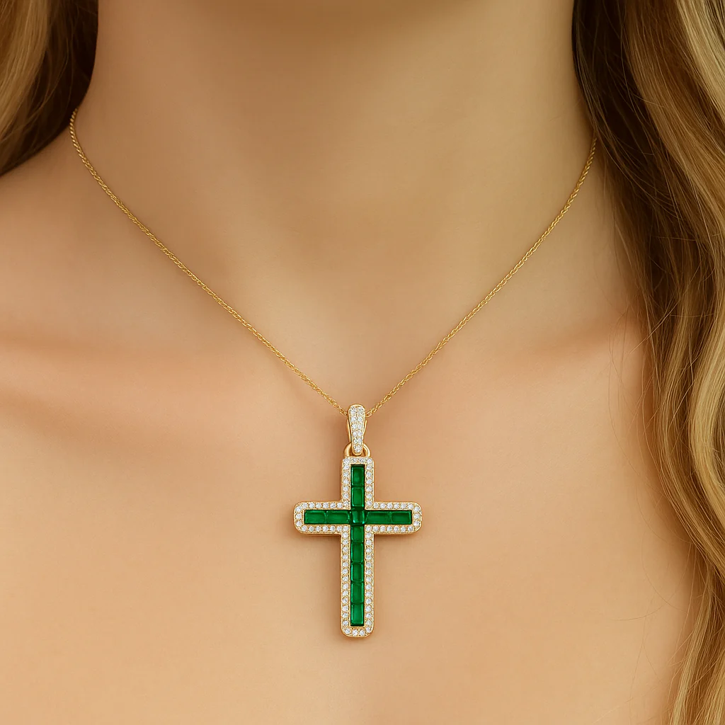 <span style="color:purple">SPECIAL!</span> 1.14ct G SI 14K Yellow Gold Diamond & Emerald Gemstone Cross Pendant 18" Long - Image 2