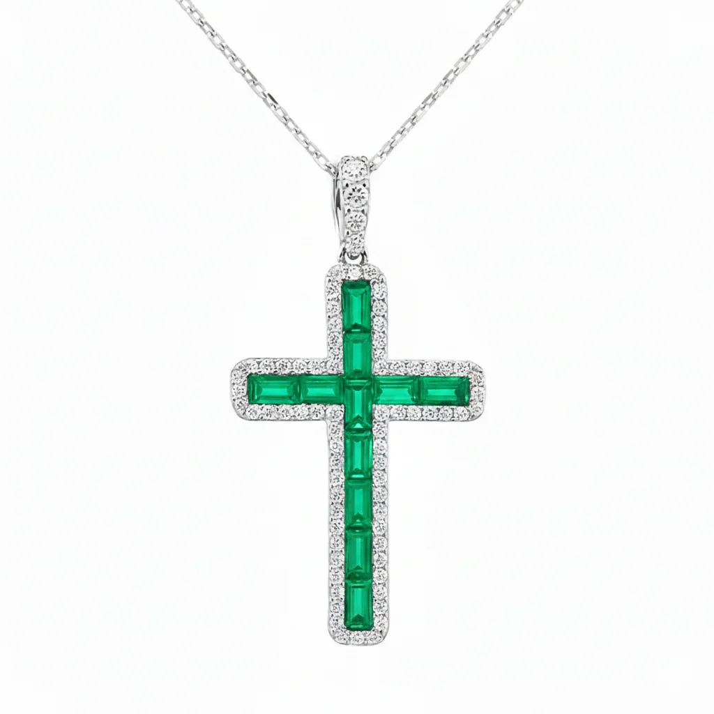 <span style="color:purple">SPECIAL!</span> 1.23ct G SI 14K White Gold Diamond & Emerald Gemstone Cross Pendant 18" Long