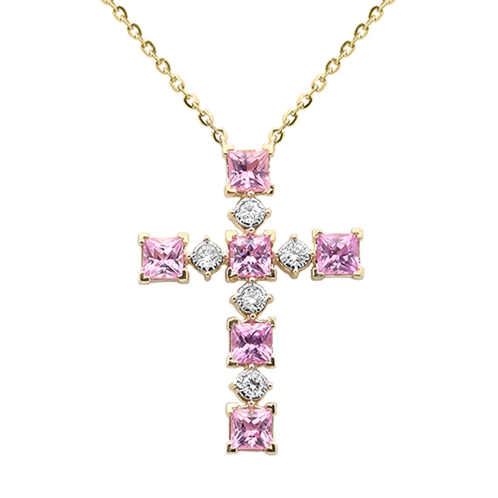 <span style="color:purple">SPECIAL!</span> .88ct G SI 14K Yellow Gold Diamond & Pink Sapphire Gemstone Cross Pendant 18" Long