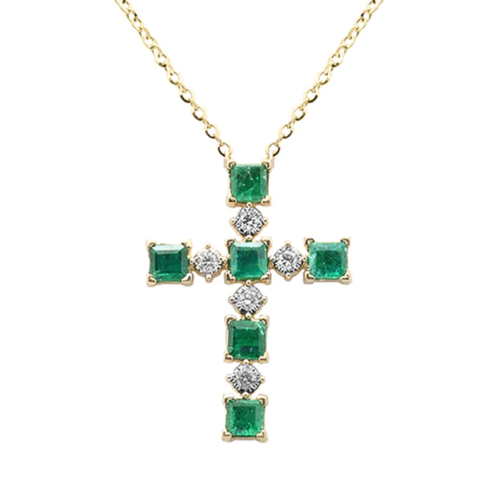 <span style="color:purple">SPECIAL!</span> .77ct G SI 14K Yellow Gold Diamond & Emerald Gemstone Cross Pendant 18" Long