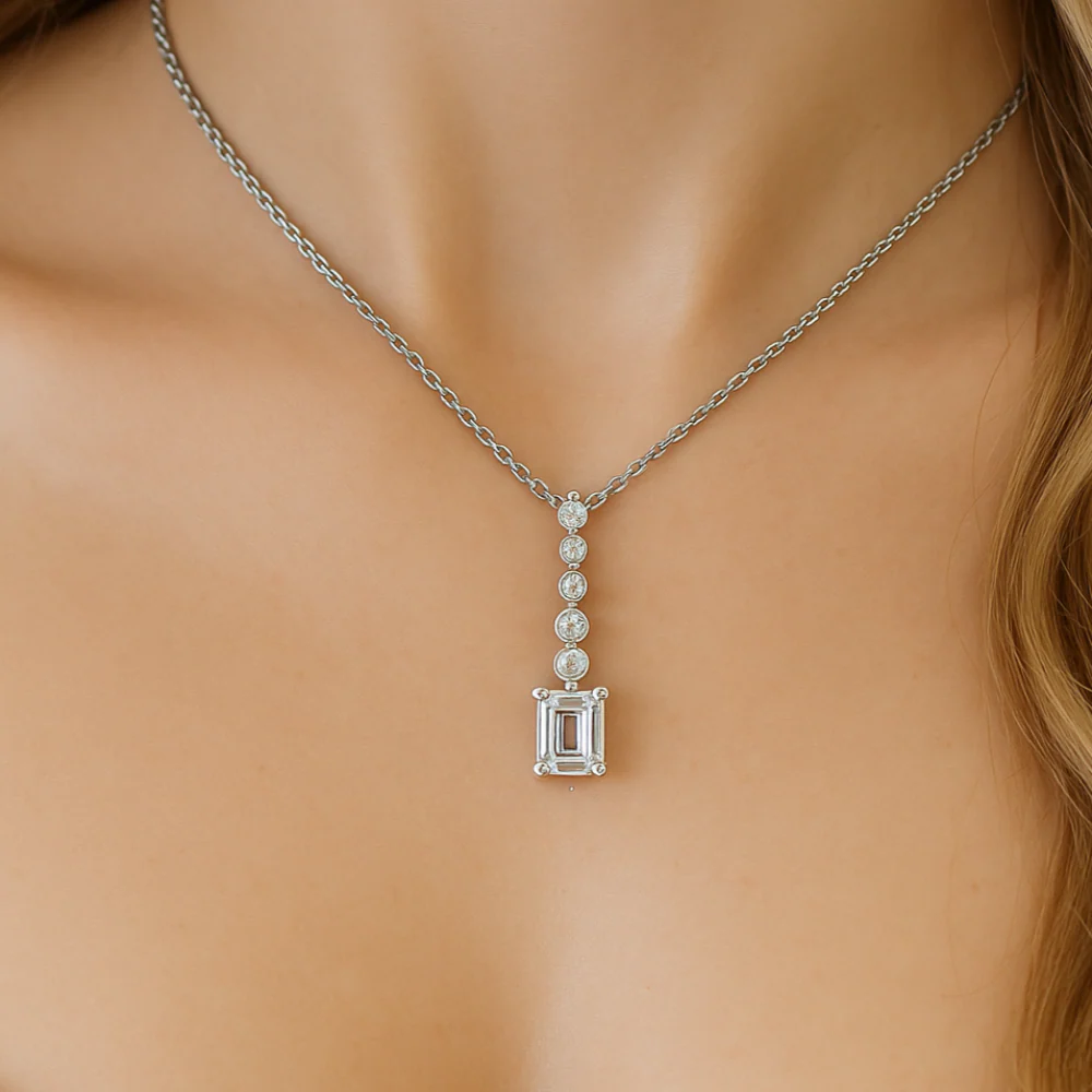 <span style="color:purple">SPECIAL!</span> .31ct G SI 14K White Gold Radiant Cut Diamond Drop Journey Solitiare Pendant 18" Long - Image 2