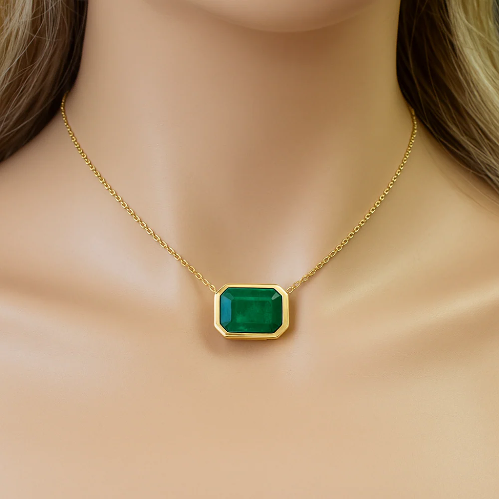<span style="color:purple">SPECIAL!</span> .95ct G SI 14K Yellow Gold Emerald Gemstone Bezel Set Pendant Necklace 18" Long Chain - Image 2