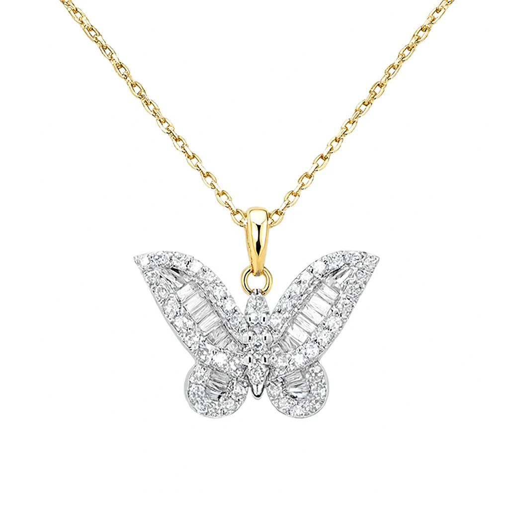 <span style="color:purple">SPECIAL!</span> .43ct G SI 14K Yellow Gold Round & Baguette Diamond Butterfly Pendant Necklace 18" Long Chain