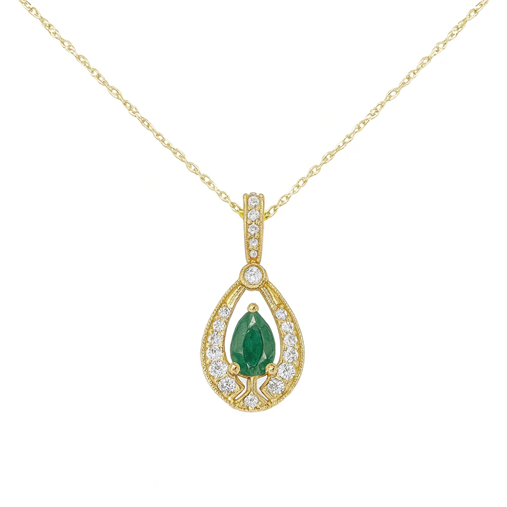 <span style="color:purple">SPECIAL!</span> .52ct G SI 14kt Yellow Gold Diamond & Emerald Gemstone Pendant Necklace 18" Long