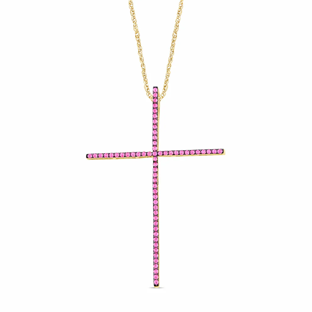 <span style="color:purple">SPECIAL!</span> .43ct G SI 14K Yellow Gold Pink Sapphire Gemstones Cross Pendant Necklace 18" Long Chain