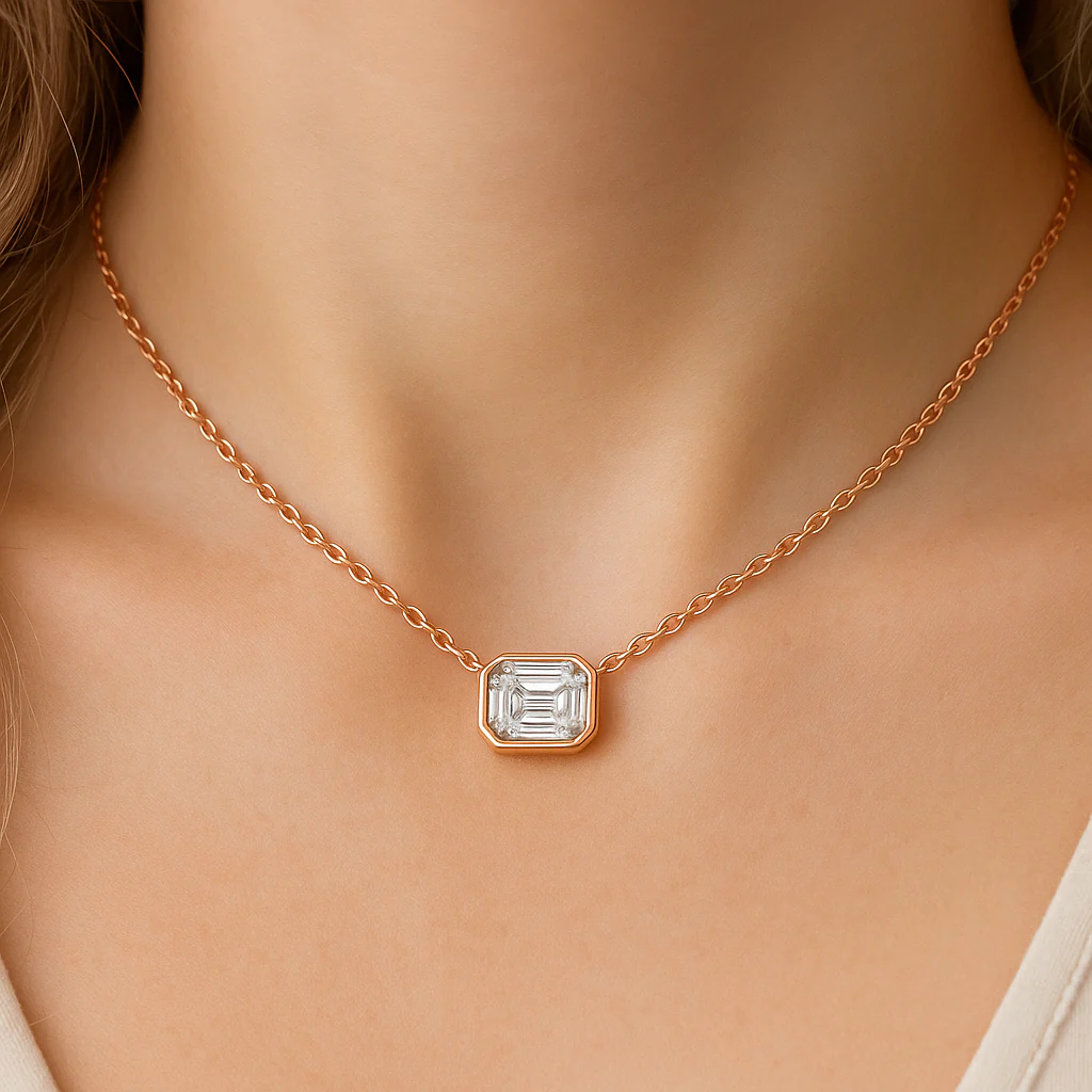 <span style="color:purple">SPECIAL!</span> .25ct G SI 14K Rose Gold Emerald Cut Bezel Set Diamond Pendant Necklace 18" Long - Image 2