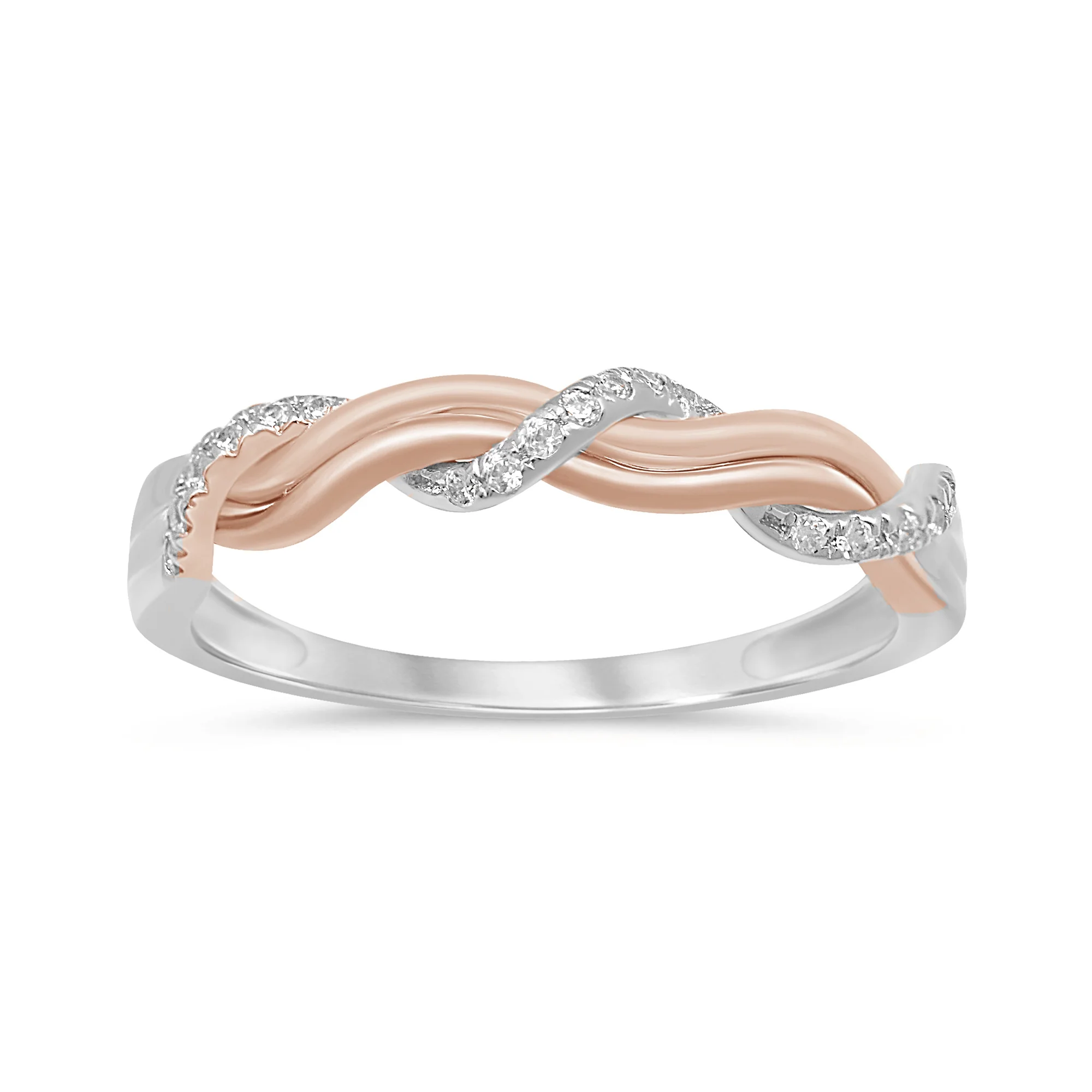 <span>DIAMOND CLOSEOUT! </span>.10ct 14k Two Tone Rose & White Gold Twisted Band Diamond Ring Size 6.5