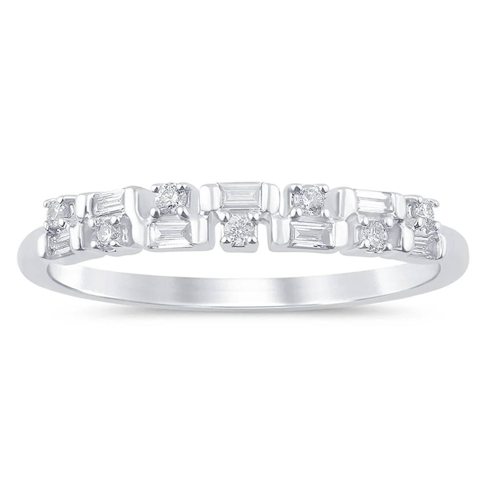 .15ct G SI 14K White Gold Diamond Round & Baguette Band Ring Size 6.5