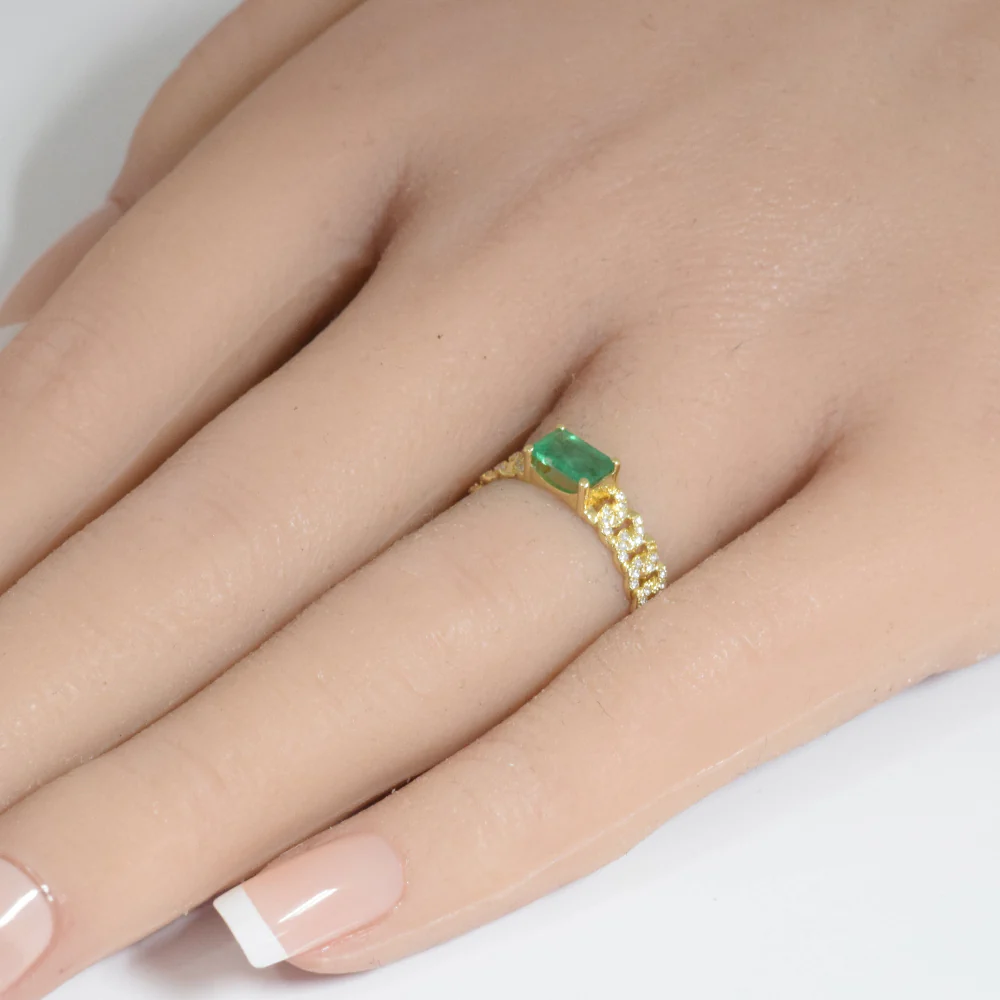 <span style="color:purple">SPECIAL!</span> .67ct G SI 14K Yellow Gold Diamond & Emerald Gemstone Cuban Link Ring Size 6.5 - Image 2